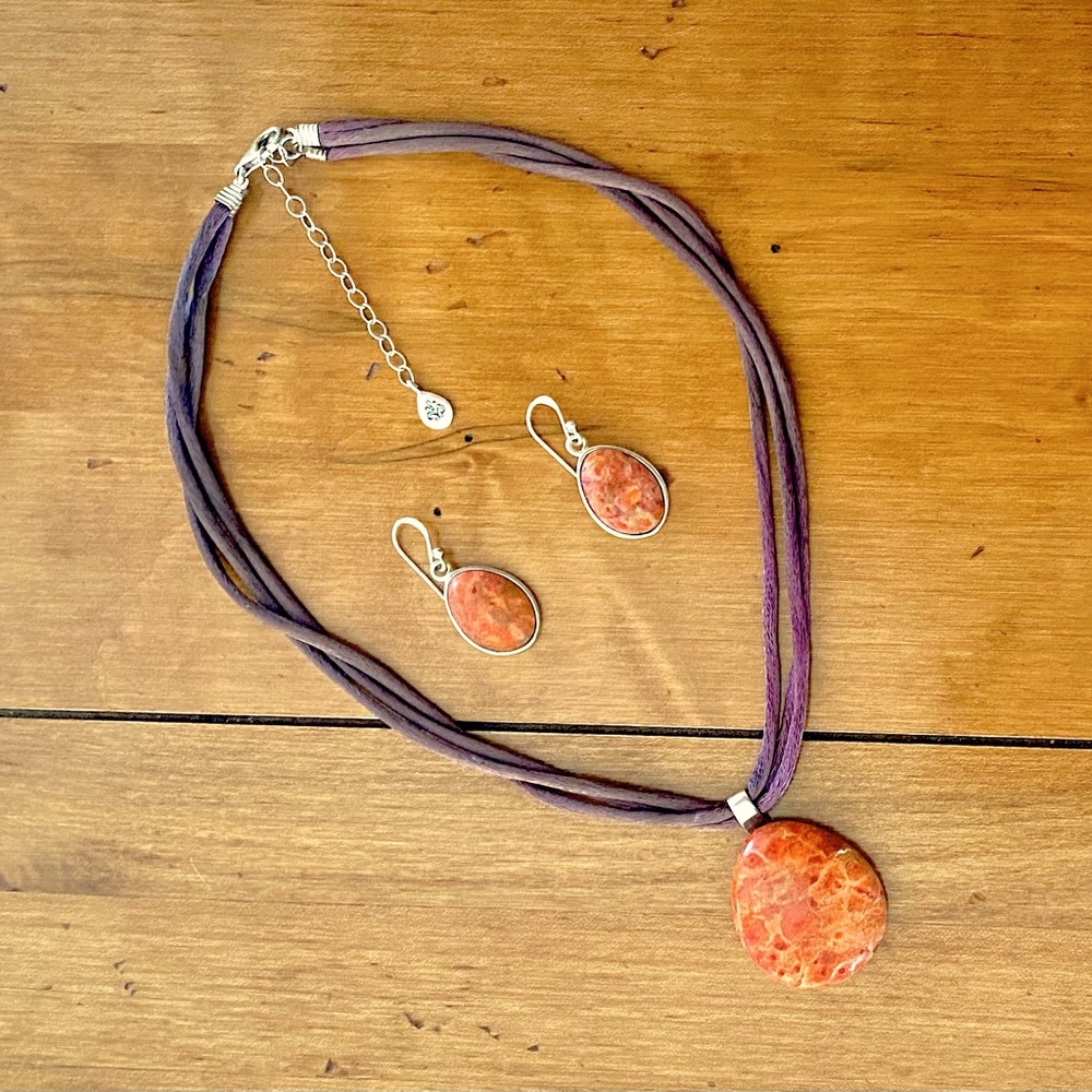 Barse Sterling Silver Jasper 3 Silk Cord Necklace and Earrings